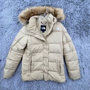 The North Face Gotham Jacket Womens Large Down Detachable Faux Fur Beige Tan 550